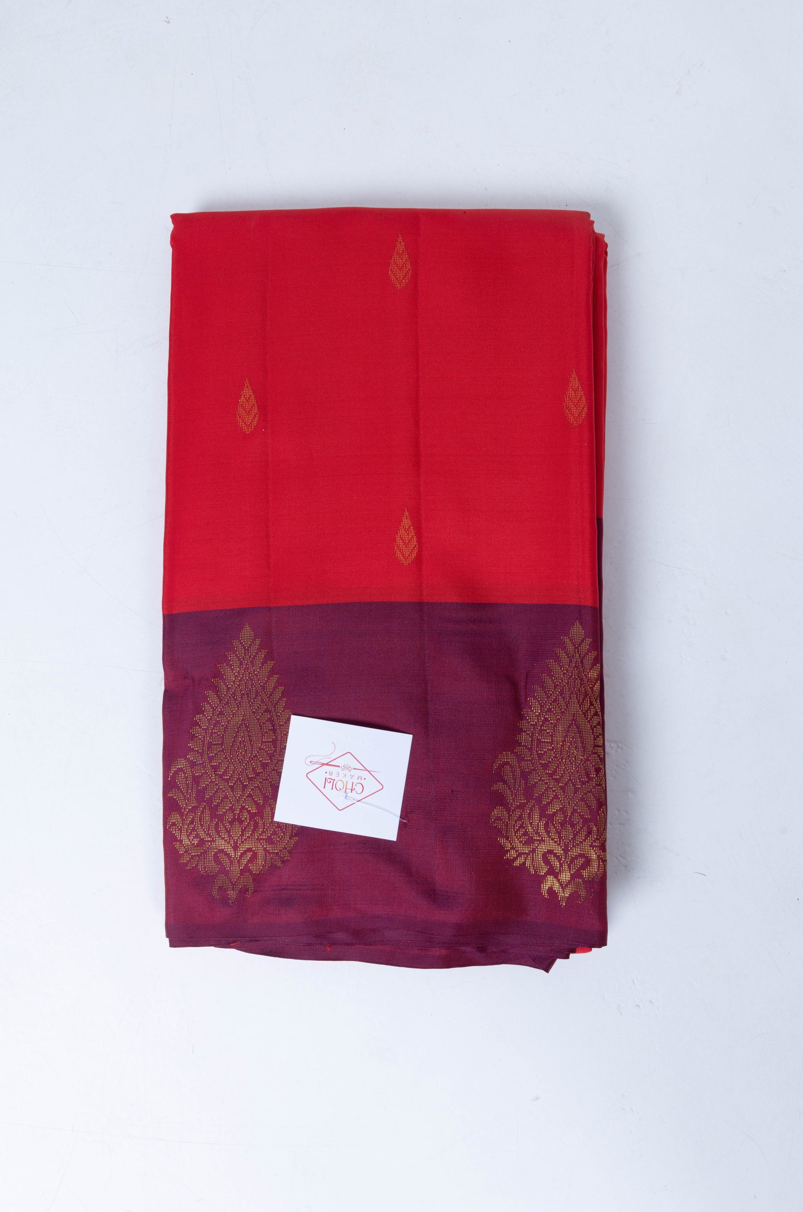 Bright Red Kanjivaram Saree with Wine Pallu - MIRASILKS Bright Red Kanjivaram Saree with Wine Pallu