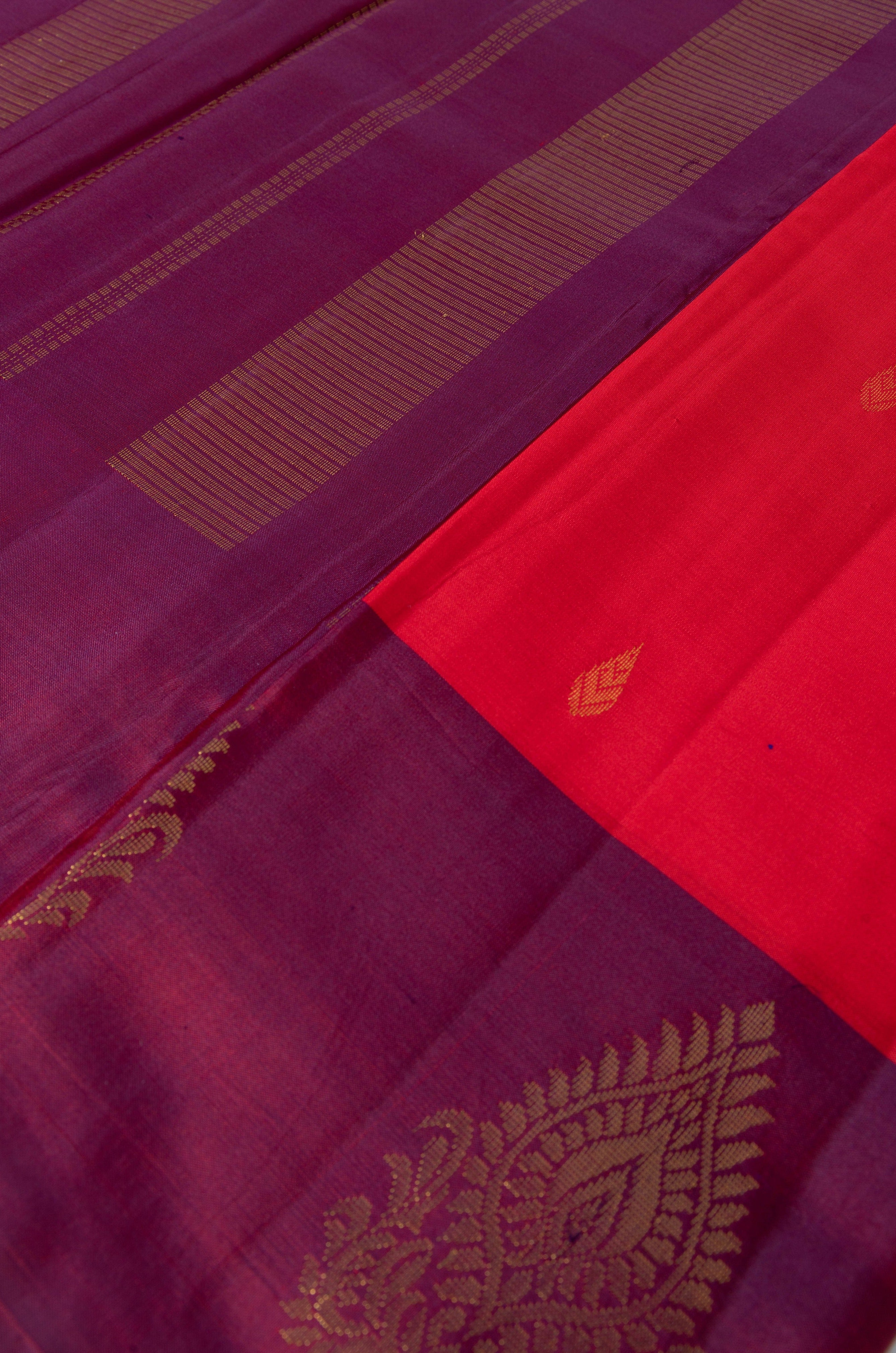 Bright Red Kanjivaram Saree with Wine Pallu - MIRASILKS Bright Red Kanjivaram Saree with Wine Pallu