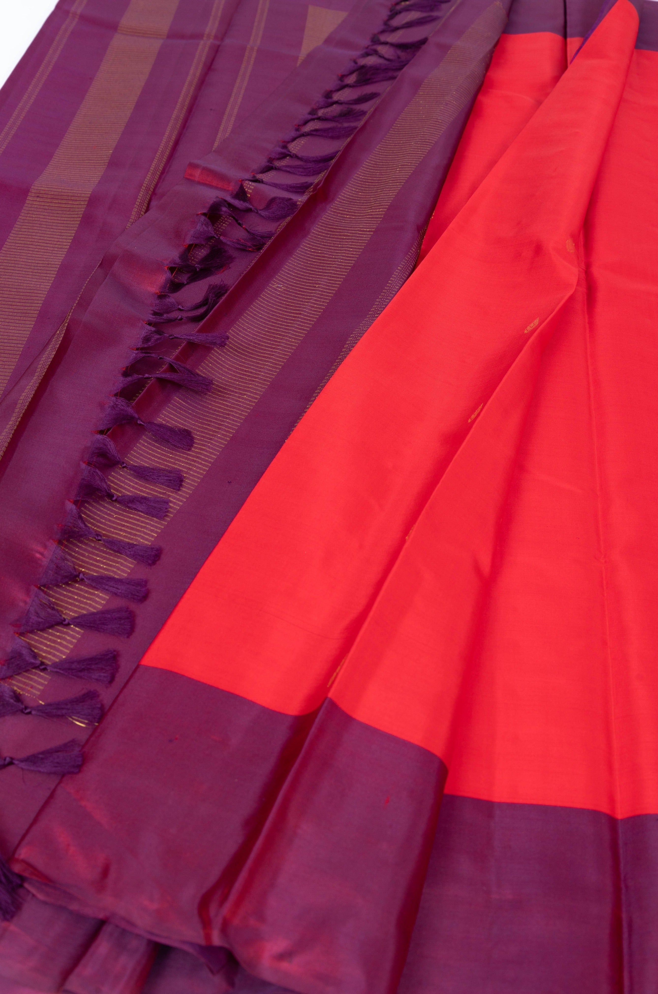 Bright Red Kanjivaram Saree with Wine Pallu - MIRASILKS Bright Red Kanjivaram Saree with Wine Pallu