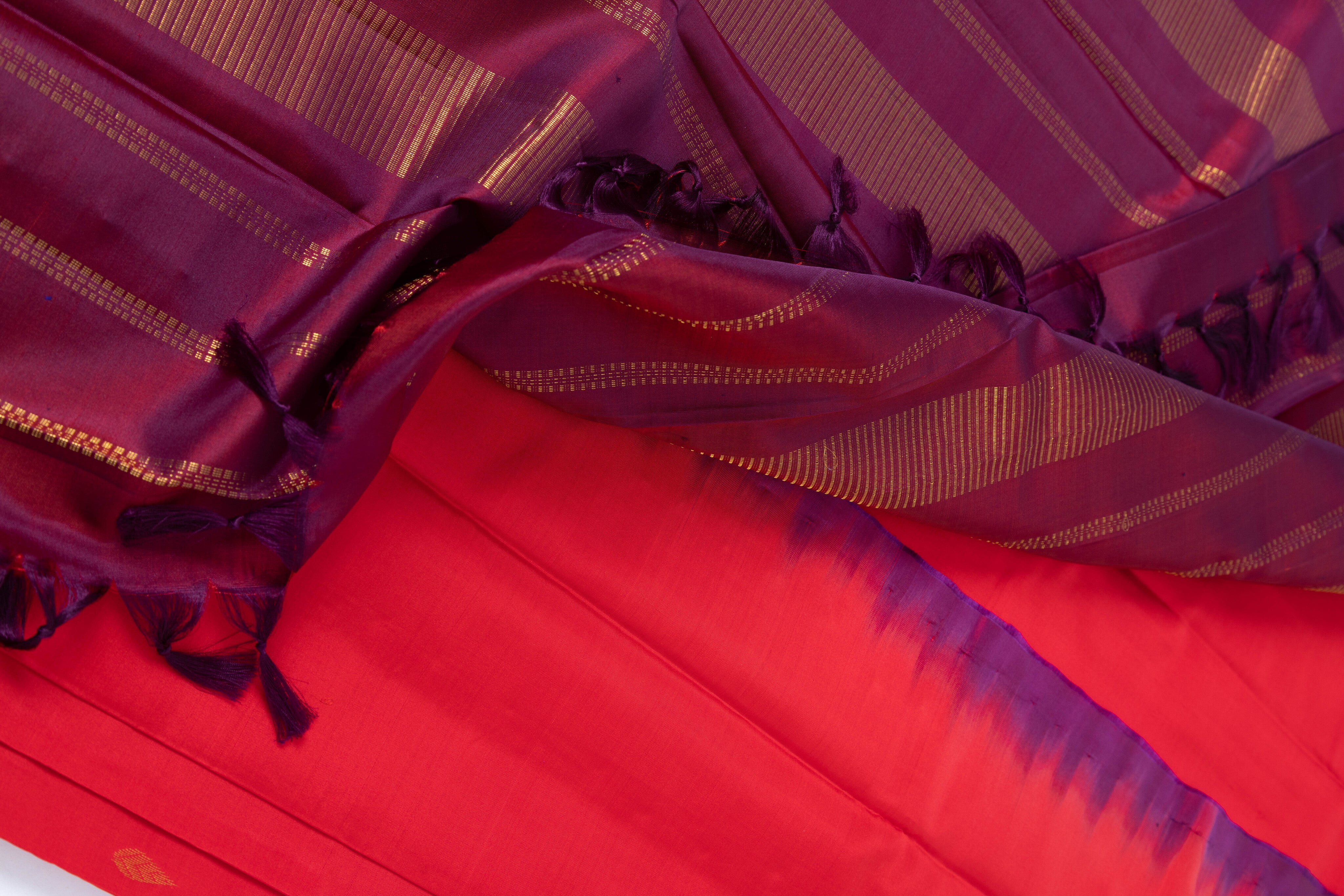 Bright Red Kanjivaram Saree with Wine Pallu - MIRASILKS Bright Red Kanjivaram Saree with Wine Pallu