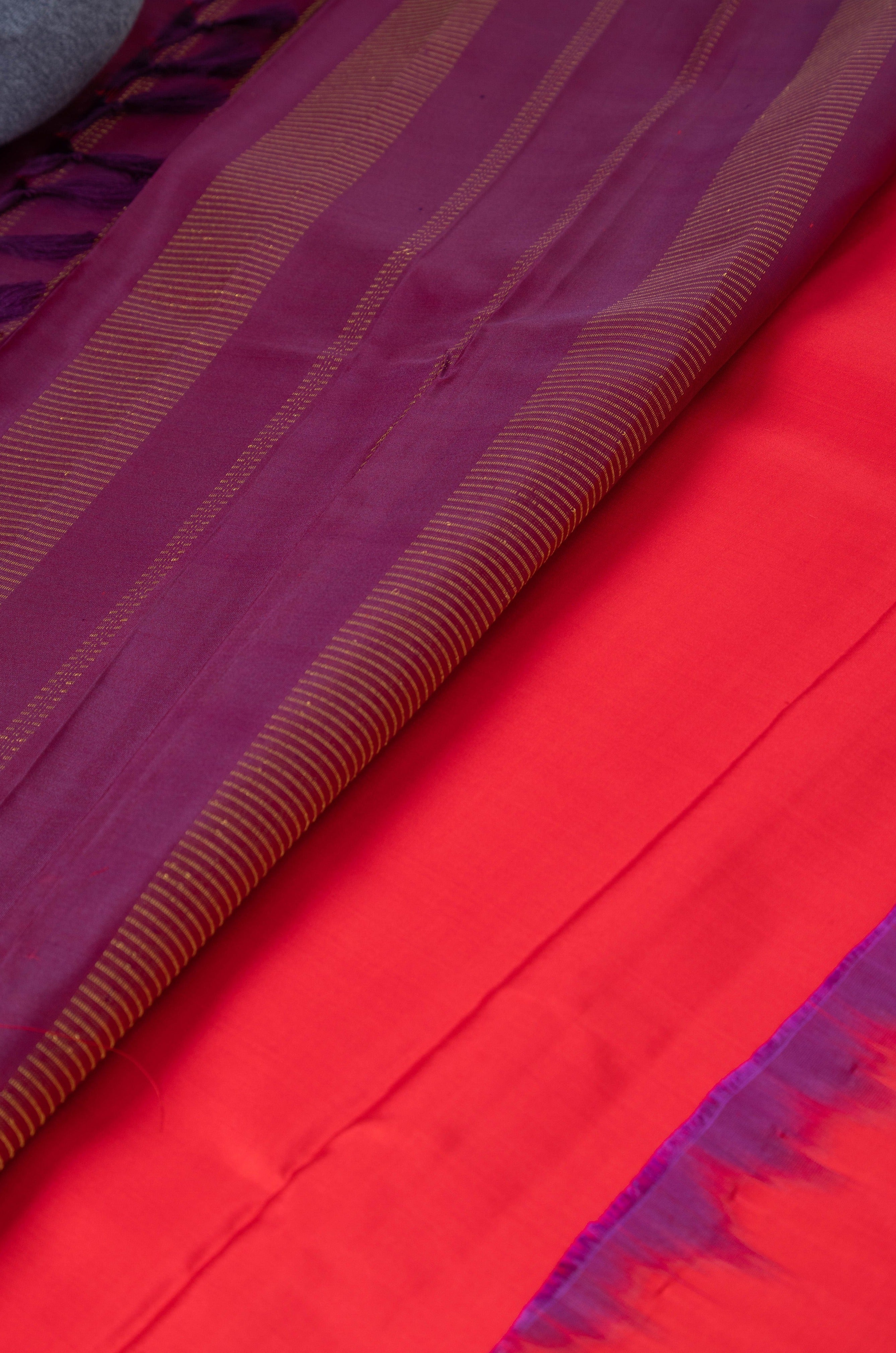 Bright Red Kanjivaram Saree with Wine Pallu - MIRASILKS Bright Red Kanjivaram Saree with Wine Pallu