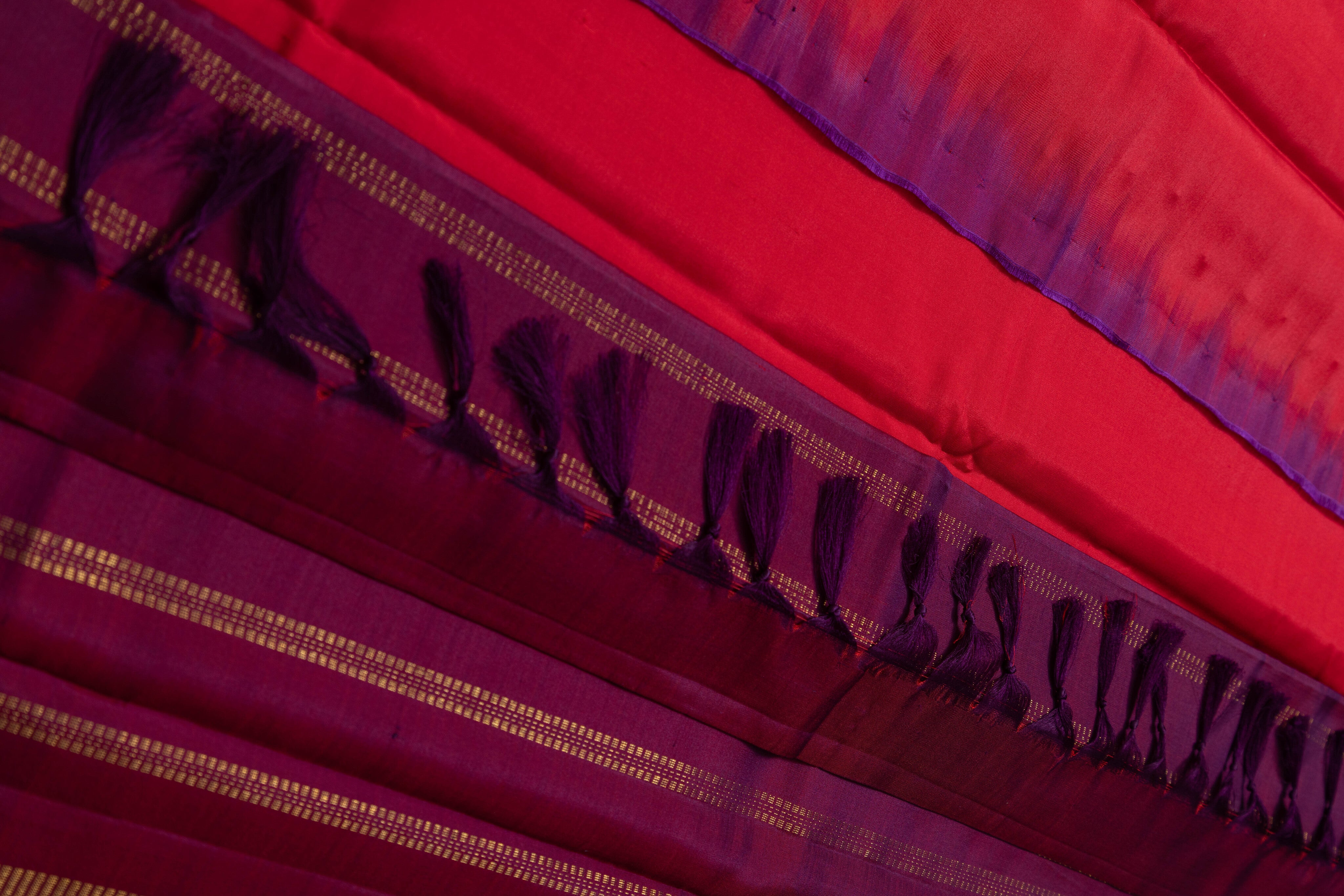 Bright Red Kanjivaram Saree with Wine Pallu - MIRASILKS Bright Red Kanjivaram Saree with Wine Pallu