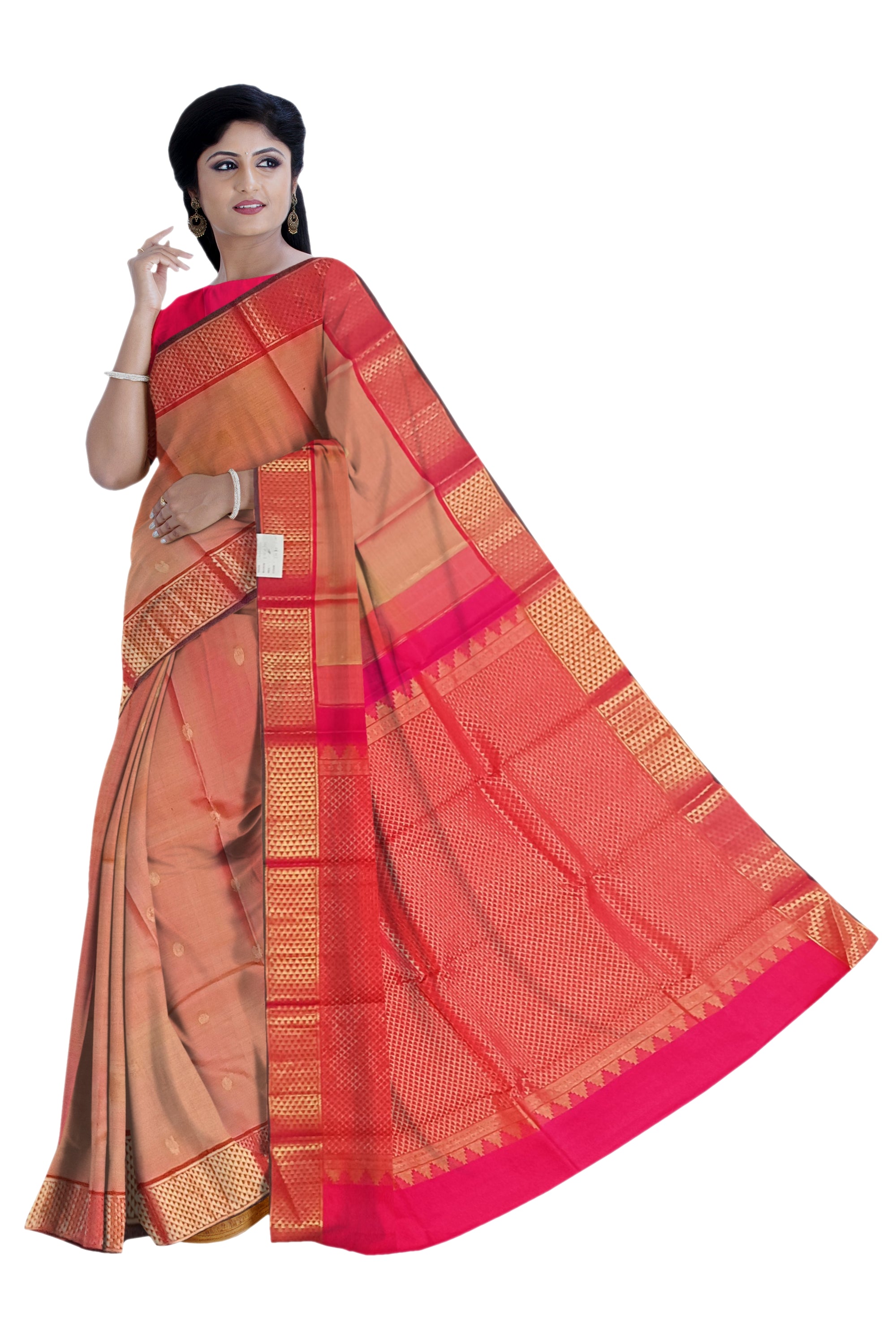 Honey Colored Kanjivaram Saree With Red Border - MIRASILKS Honey Colored Kanjivaram Saree With Red Border
