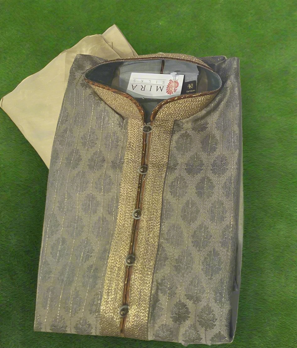 Grey Gold Designer Men's Kurta Set -Size38 - MIRASILKS Grey Gold Designer Men's Kurta Set -Size38