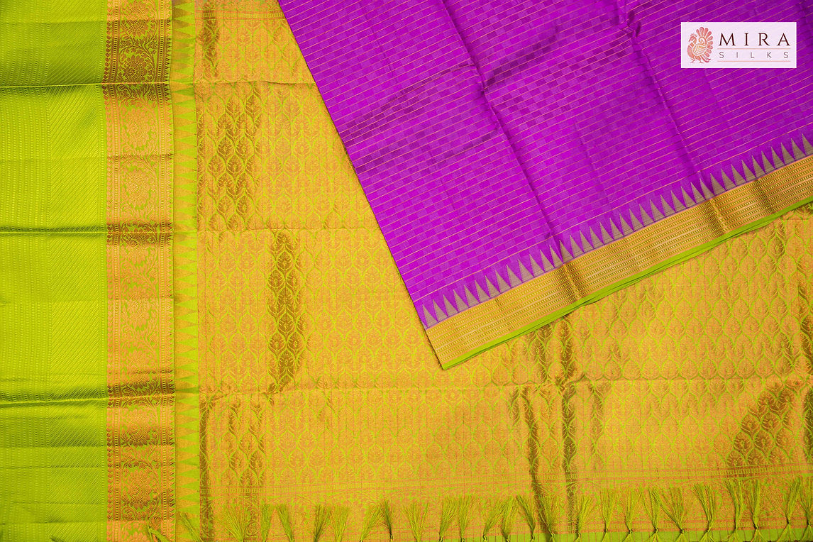 Violet Saree with Green temple Kanjivaram Silk Saree - MIRASILKS Violet Saree with Green temple Kanjivaram Silk Saree