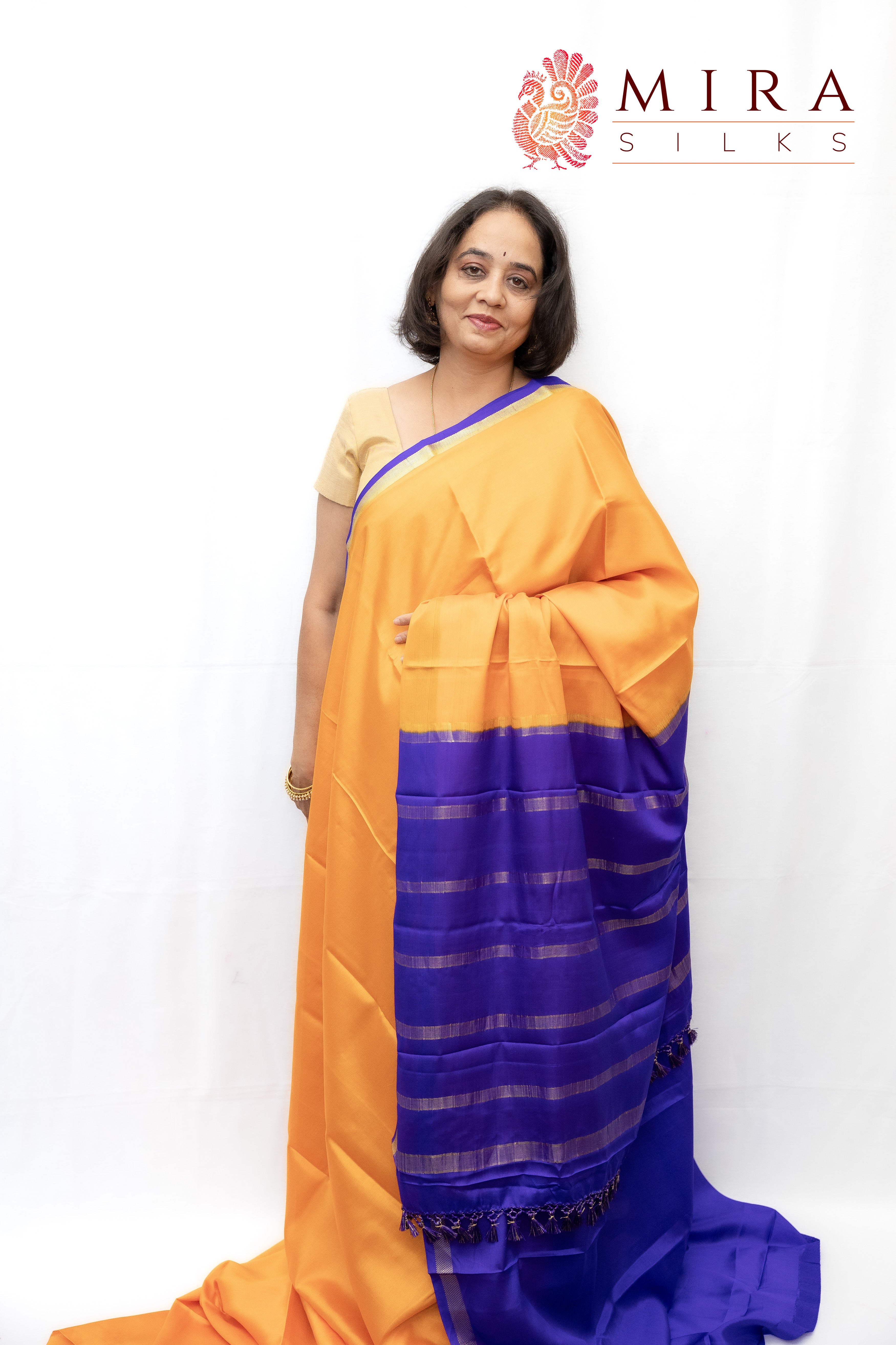 Mango yellow with blue Mysore silk Saree - MIRASILKS Mango yellow with blue Mysore silk Saree
