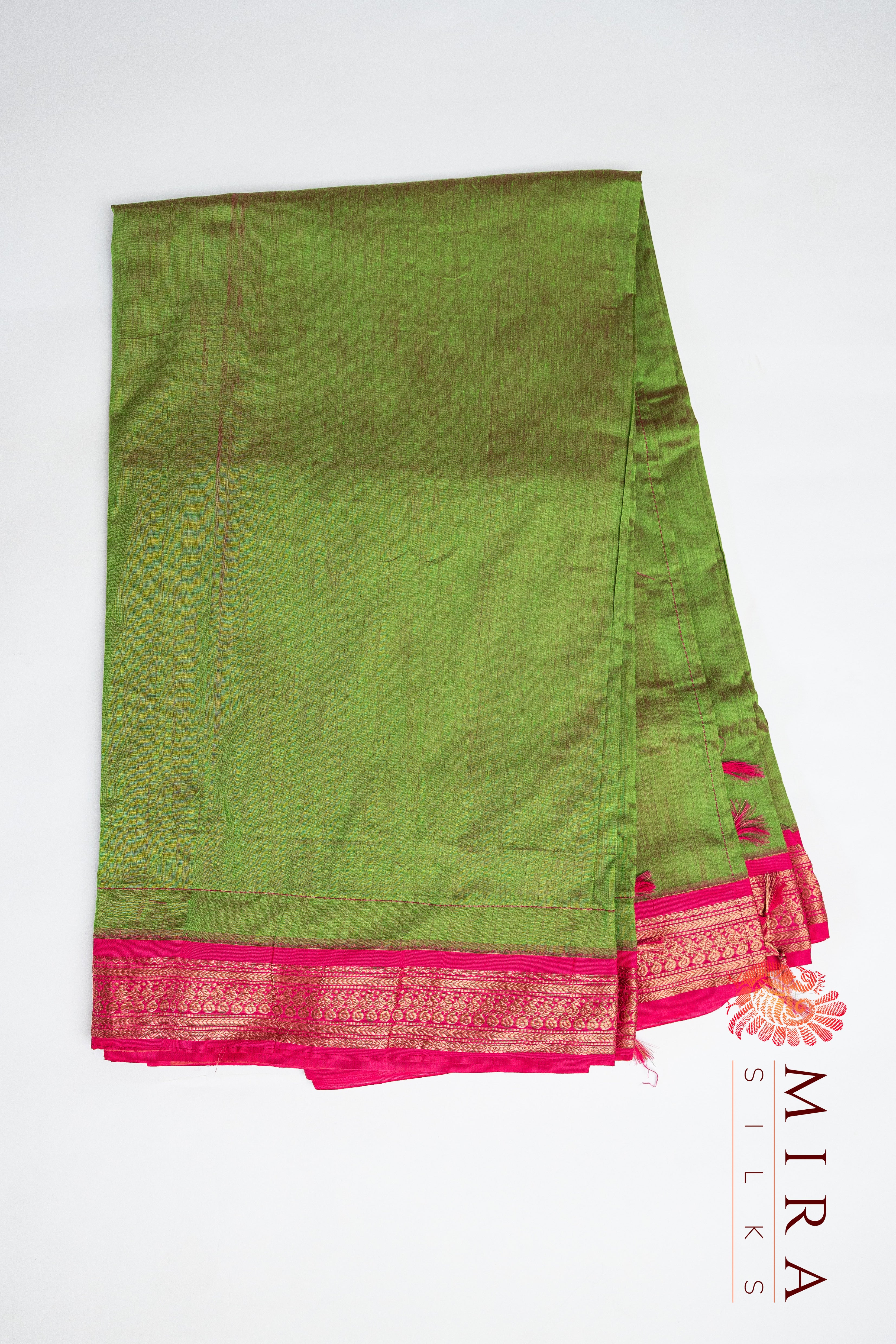 Olive Green with Pink border silk cotton - MIRASILKS Olive Green with Pink border silk cotton