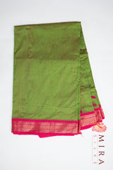 Olive Green with Pink border silk cotton - MIRASILKS Olive Green with Pink border silk cotton