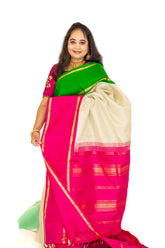 White small checks Ganga jamuna Kanjivaram Saree With pink Pallu