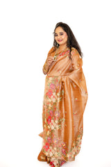 Copper Rose Floral Pattern Organza Saree