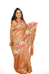 Copper Rose Floral Pattern Organza Saree