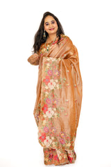 Copper Rose Floral Pattern Organza Saree