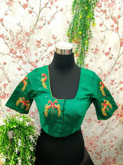 Dark Forest green blouse with peacock embroidery