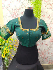 Bottle Green Blouse with golden embroidery and net on the sleeves
