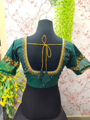 Bottle Green Blouse with golden embroidery and net on the sleeves