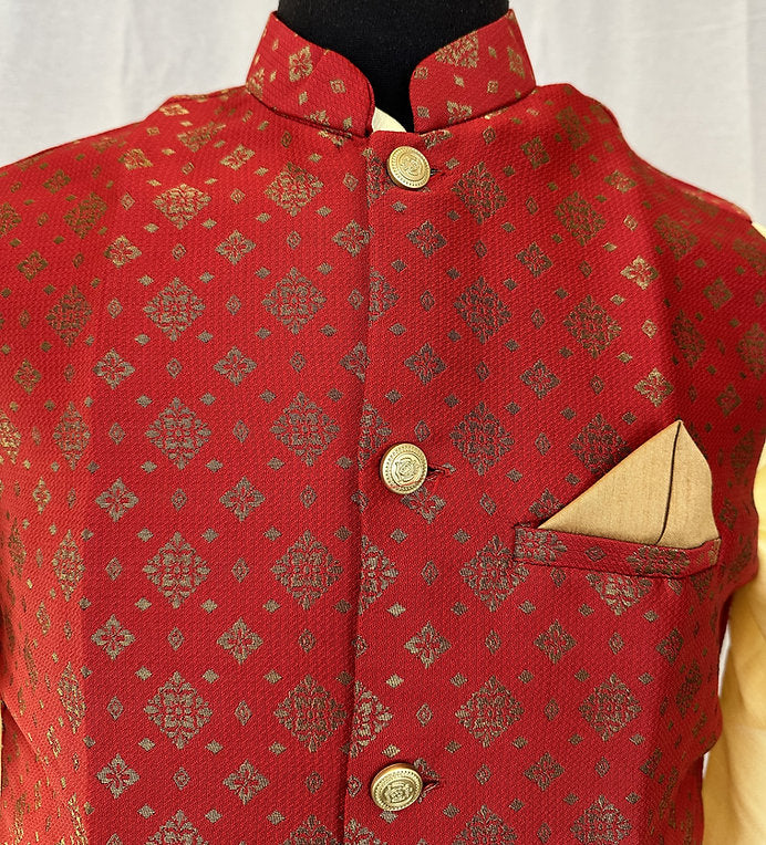 Cream Men's Kurta With Red Jacket - MIRASILKS Cream Men's Kurta With Red Jacket