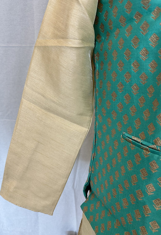 Off White Men's Kurta with Teal jacket - MIRASILKS Off White Men's Kurta with Teal jacket