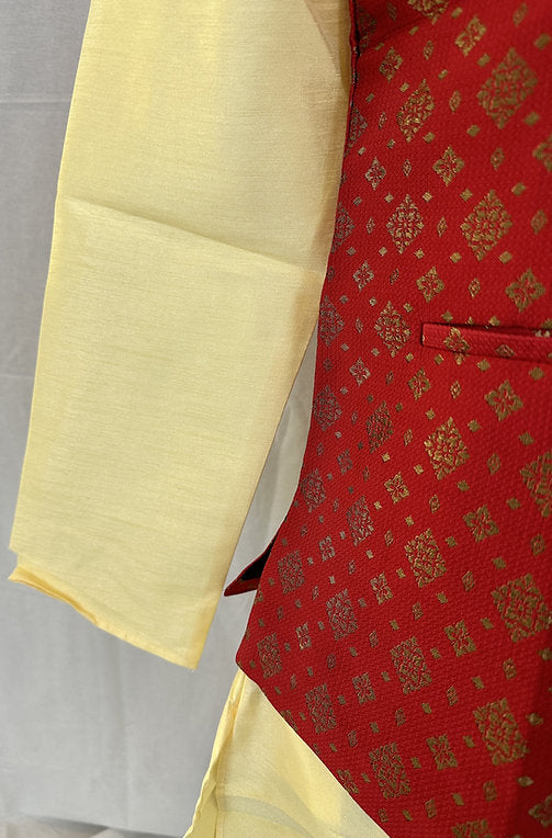 Cream Men's Kurta With Red Jacket - MIRASILKS Cream Men's Kurta With Red Jacket