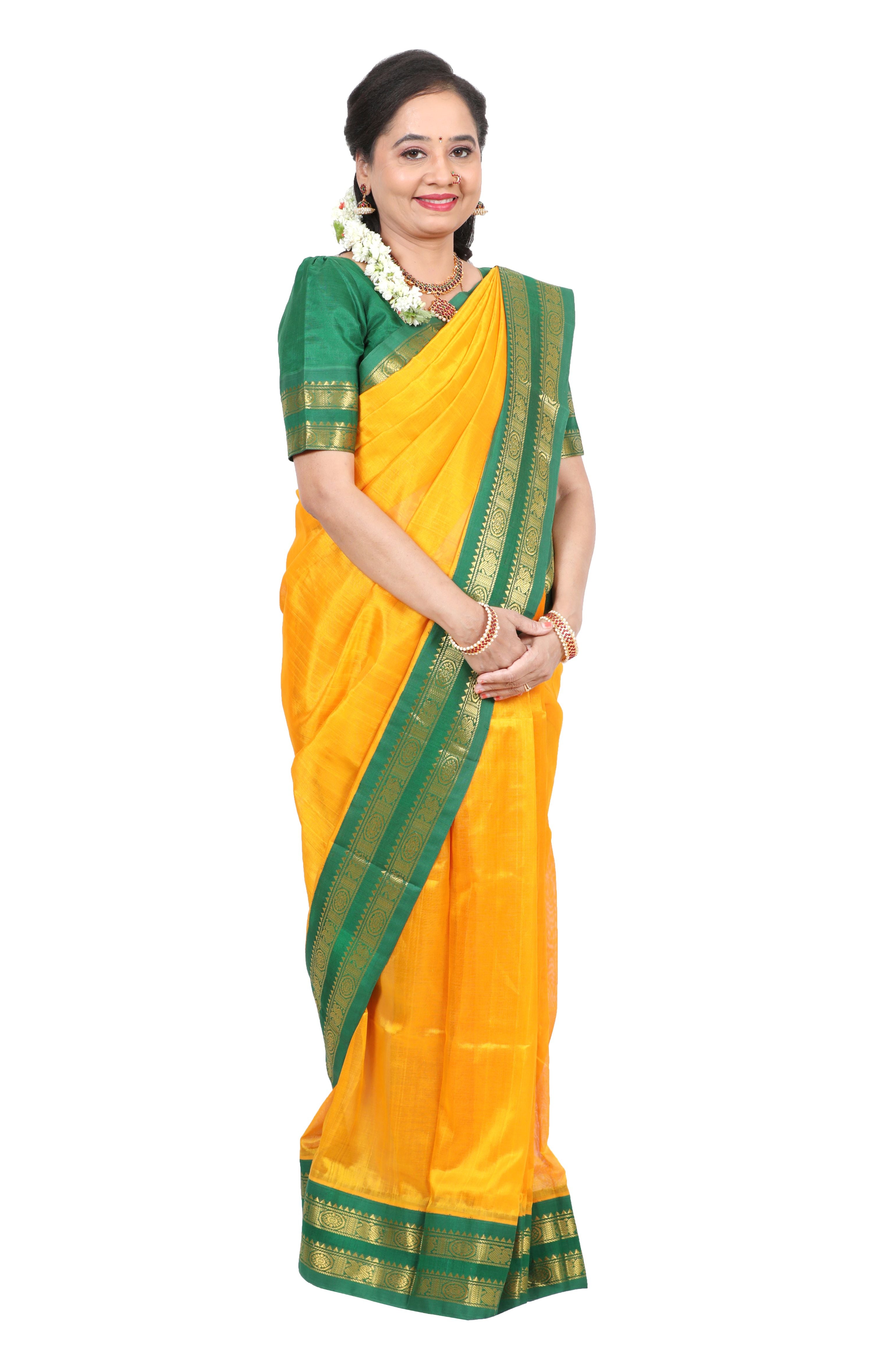Mango Yellow Korvai saree with Green Pallu and Tailored blouse sz36-38 - MIRASILKS Mango Yellow Korvai saree with Green Pallu and Tailored blouse sz36-38