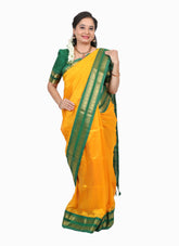 Mango Yellow Korvai saree with Green Pallu and Tailored blouse sz36-38 - MIRASILKS Mango Yellow Korvai saree with Green Pallu and Tailored blouse sz36-38