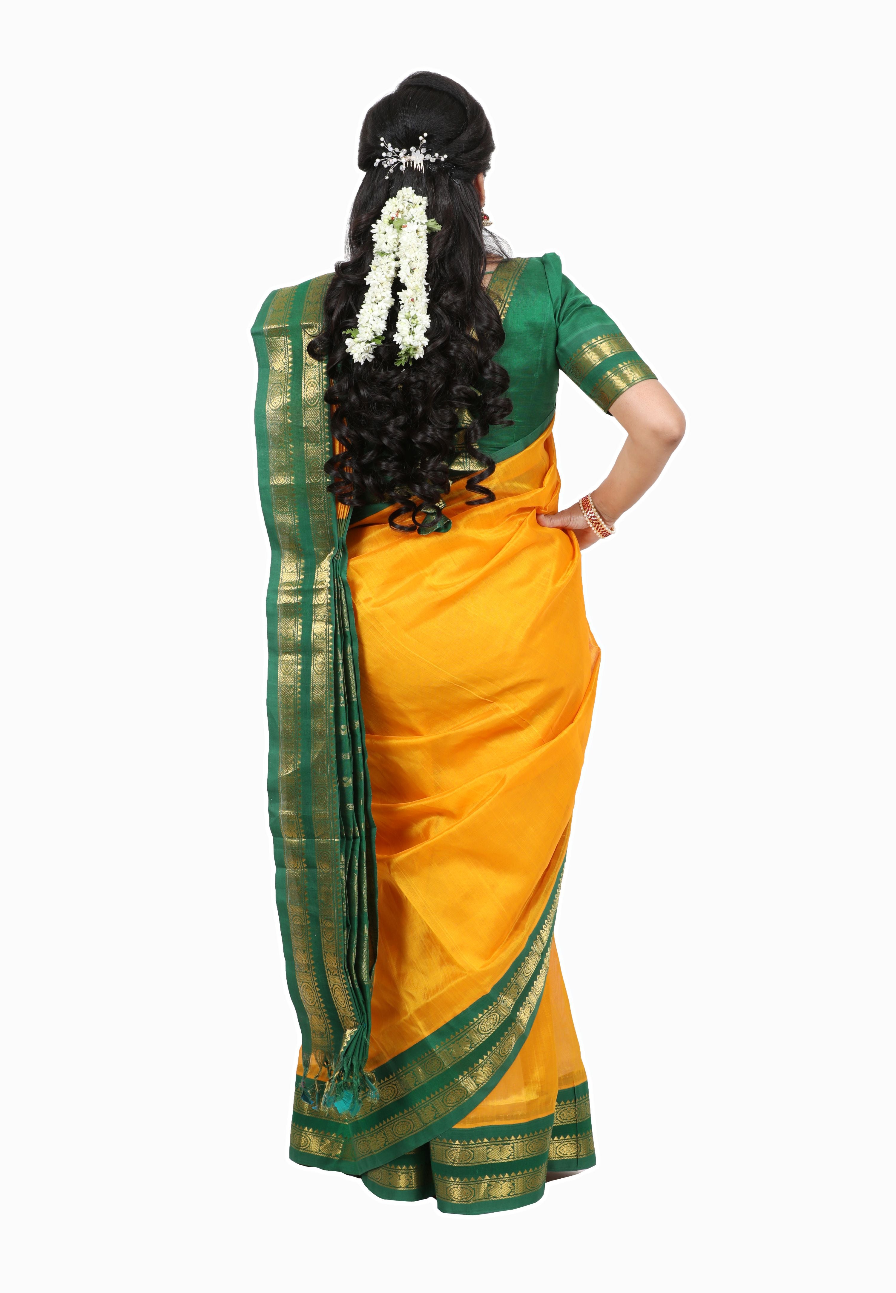 Mango Yellow Korvai saree with Green Pallu and Tailored blouse sz36-38 - MIRASILKS Mango Yellow Korvai saree with Green Pallu and Tailored blouse sz36-38