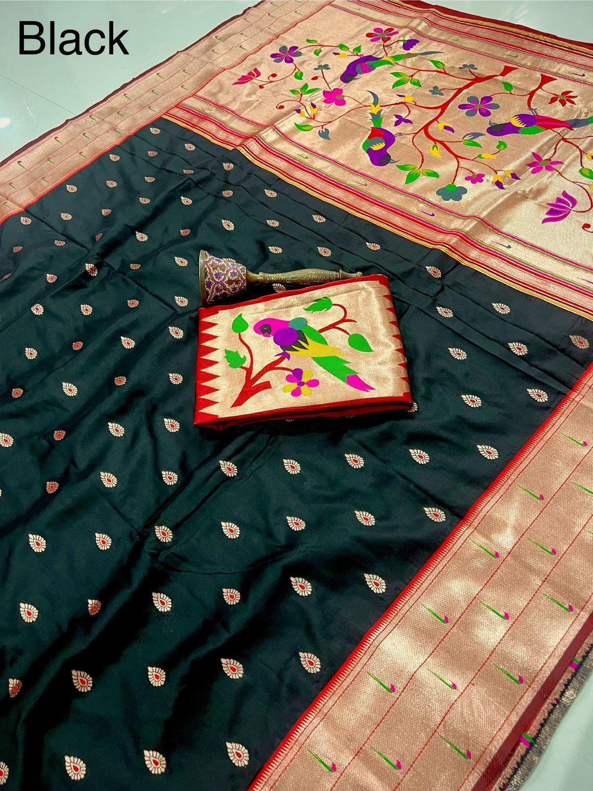 Black Paithani Semi Silk Saree with Gold Zari Floral Pallu