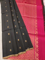 Black Raw Silk Saree With Crimson Pallu - MIRASILKS Black Raw Silk Saree With Crimson Pallu