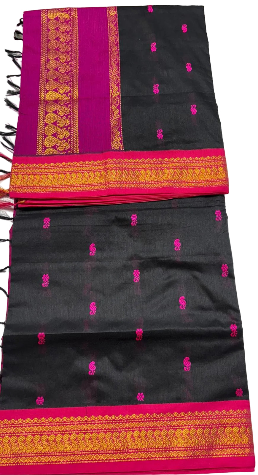 Black Silk Cotton Saree with Raspberry Border