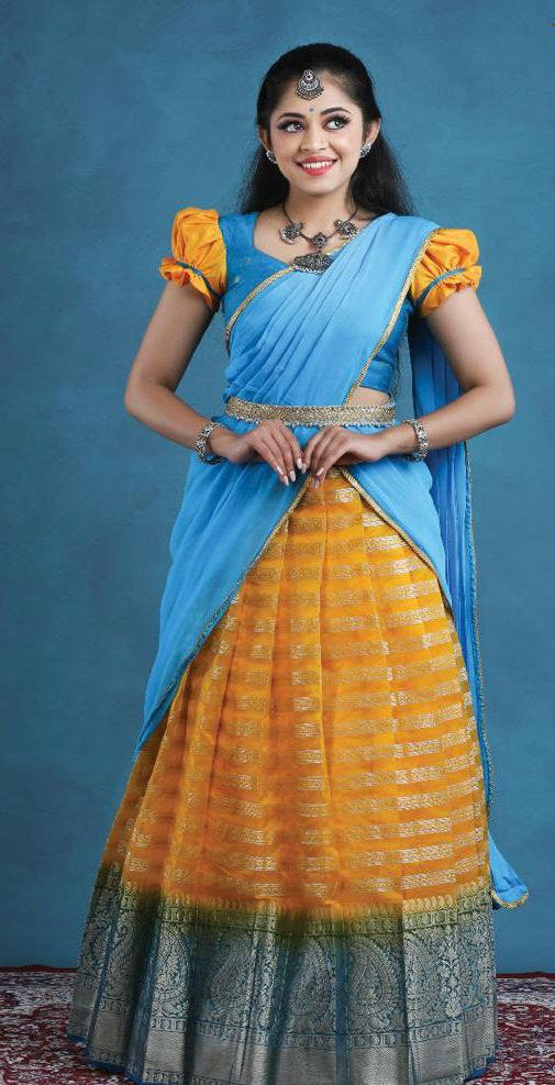 Blue and Yellow Half Saree - MIRASILKS Blue and Yellow Half Saree