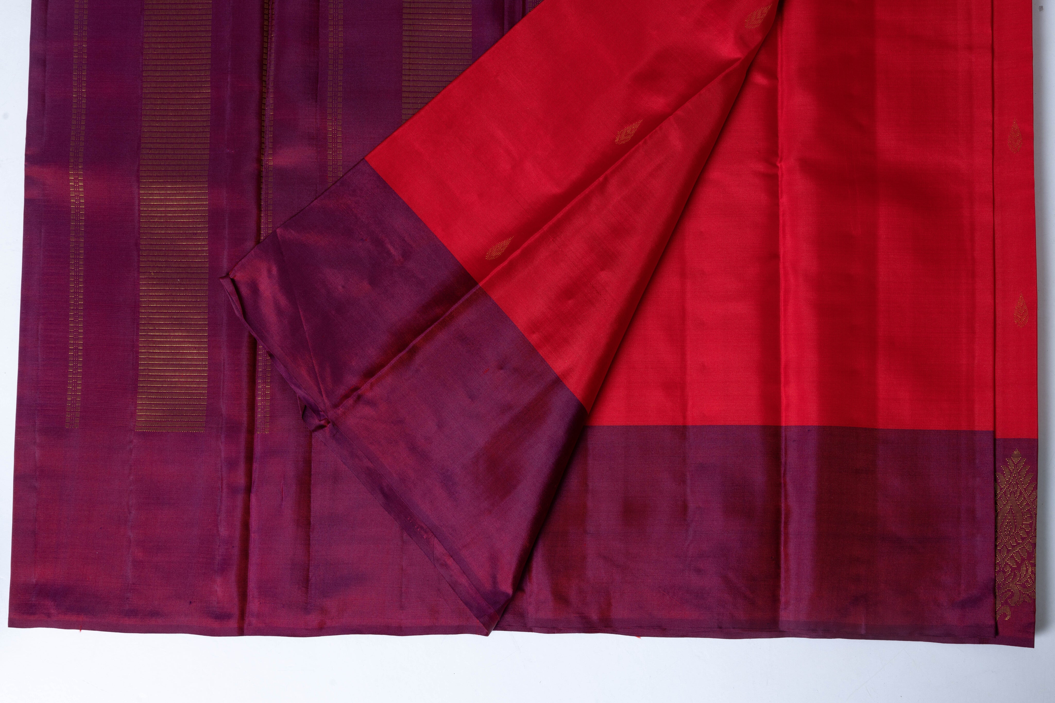Bright Red Kanjivaram Saree with Wine Pallu - MIRASILKS Bright Red Kanjivaram Saree with Wine Pallu