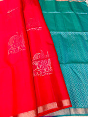 Bright Red Soft Silk Saree with Teal Pallu