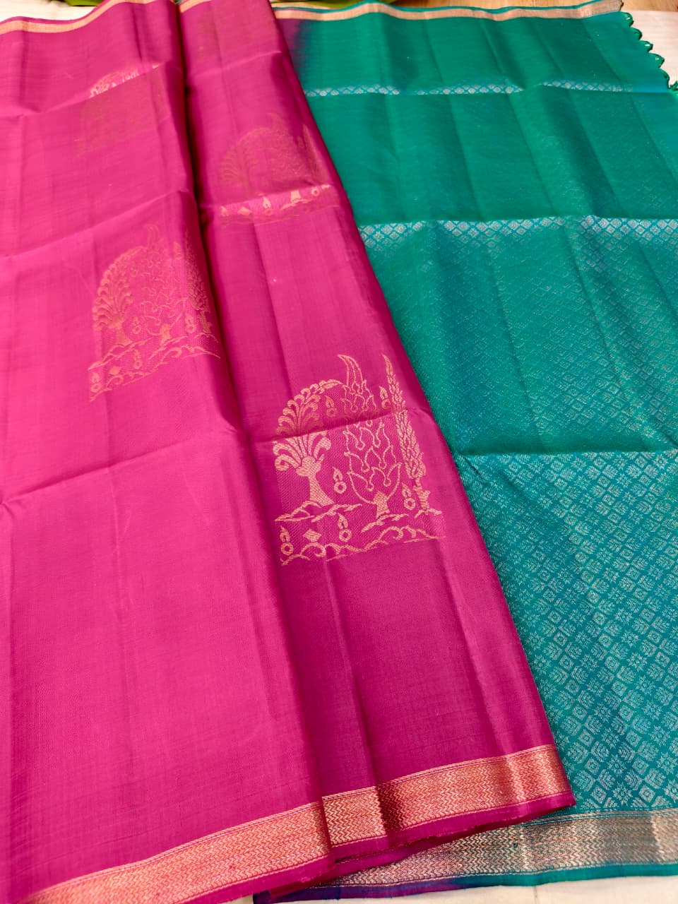 Burnt Pink Soft Silk Saree with Teal Zari Pallu