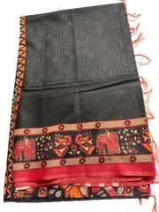 Charcoal Grey Ghicha Tussar Saree With Brick Red Blouse