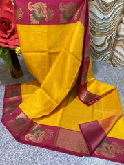 Citrine Yellow Banarasi Semi Silk Saree with Deep Carmine Pallu