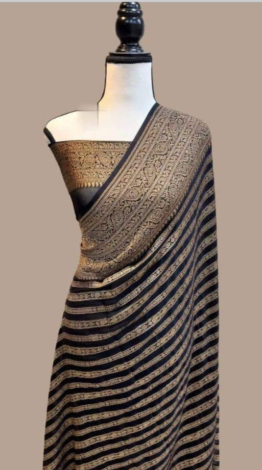 Black & Gold Banarasi Georgette Saree - MIRASILKS Black & Gold Banarasi Georgette Saree