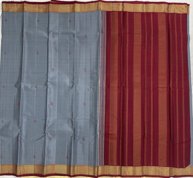 Cloudy Grey Kanjivaram Saree with Wine Red Pallu