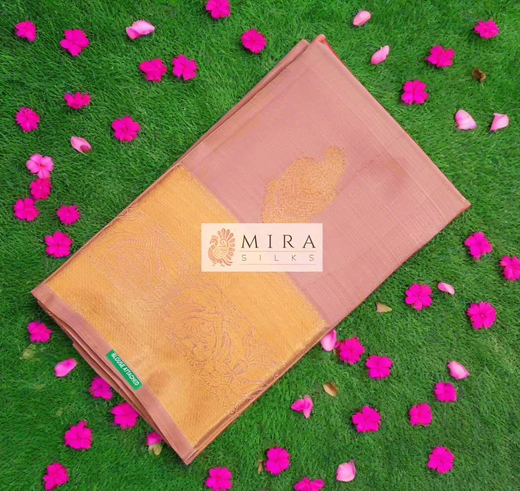 Coral Cream Kanjivaram Silk Saree - MIRASILKS Coral Cream Kanjivaram Silk Saree