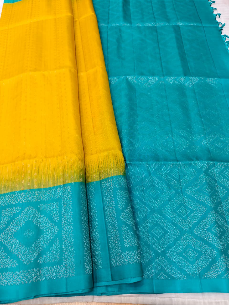 Corn Yellow Soft Silk Saree with Dark Cyan Pallu and Border