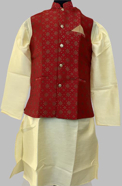 Cream Men's Kurta With Red Jacket - MIRASILKS Cream Men's Kurta With Red Jacket