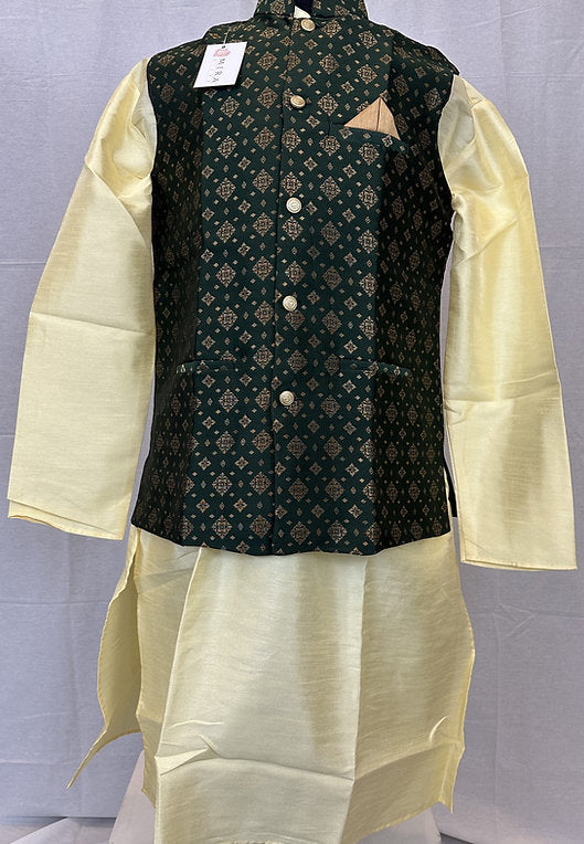 Cream Men's Kurta with Dark green jacket - MIRASILKS Cream Men's Kurta with Dark green jacket