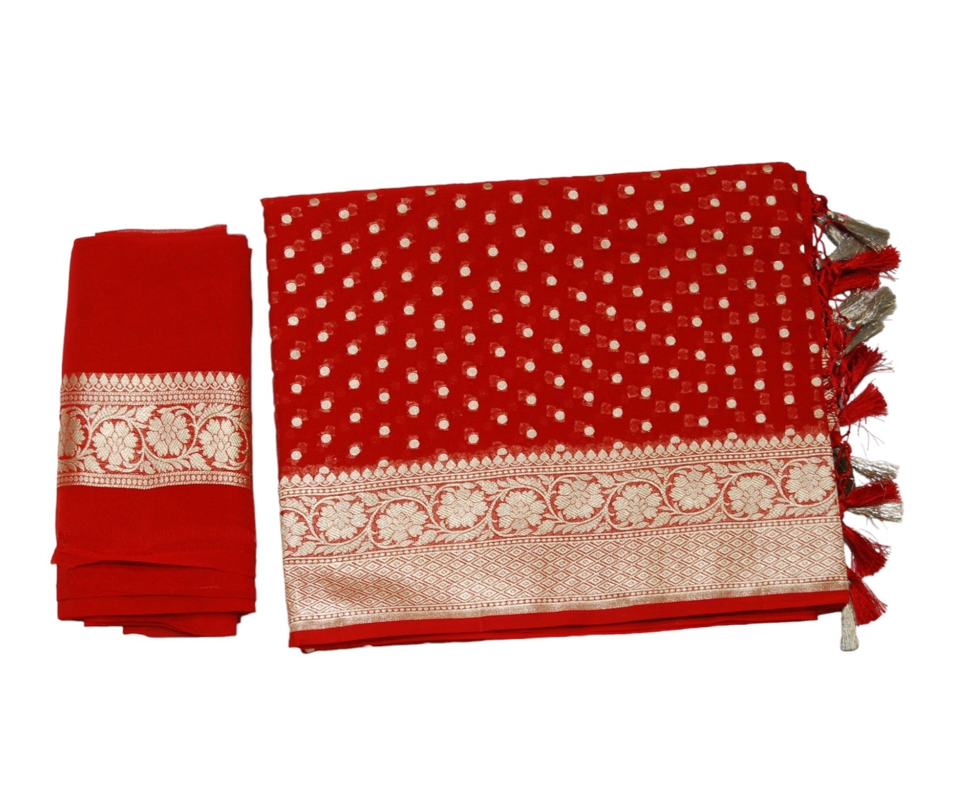 Cherry Red Banaras Georgette Saree with Zari Border - MIRASILKS Cherry Red Banaras Georgette Saree with Zari Border