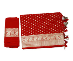 Cherry Red Banaras Georgette Saree with Zari Border - MIRASILKS Cherry Red Banaras Georgette Saree with Zari Border