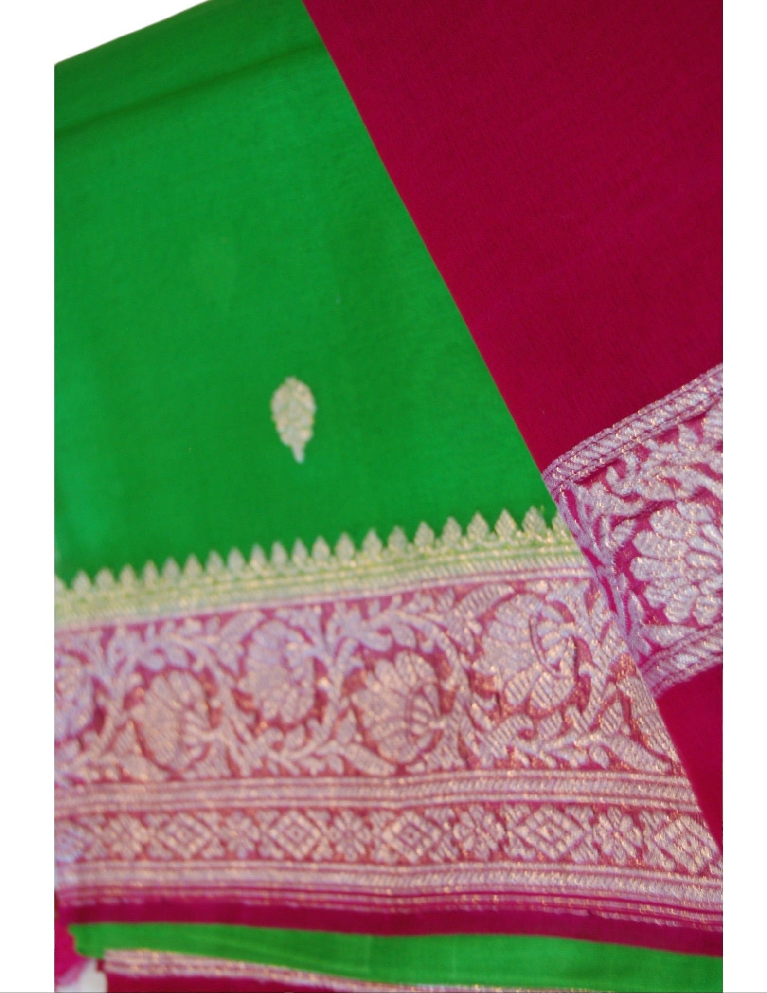 Parrot Green Banaras Chiffon Saree With Hot pink Border - MIRASILKS Parrot Green Banaras Chiffon Saree With Hot pink Border