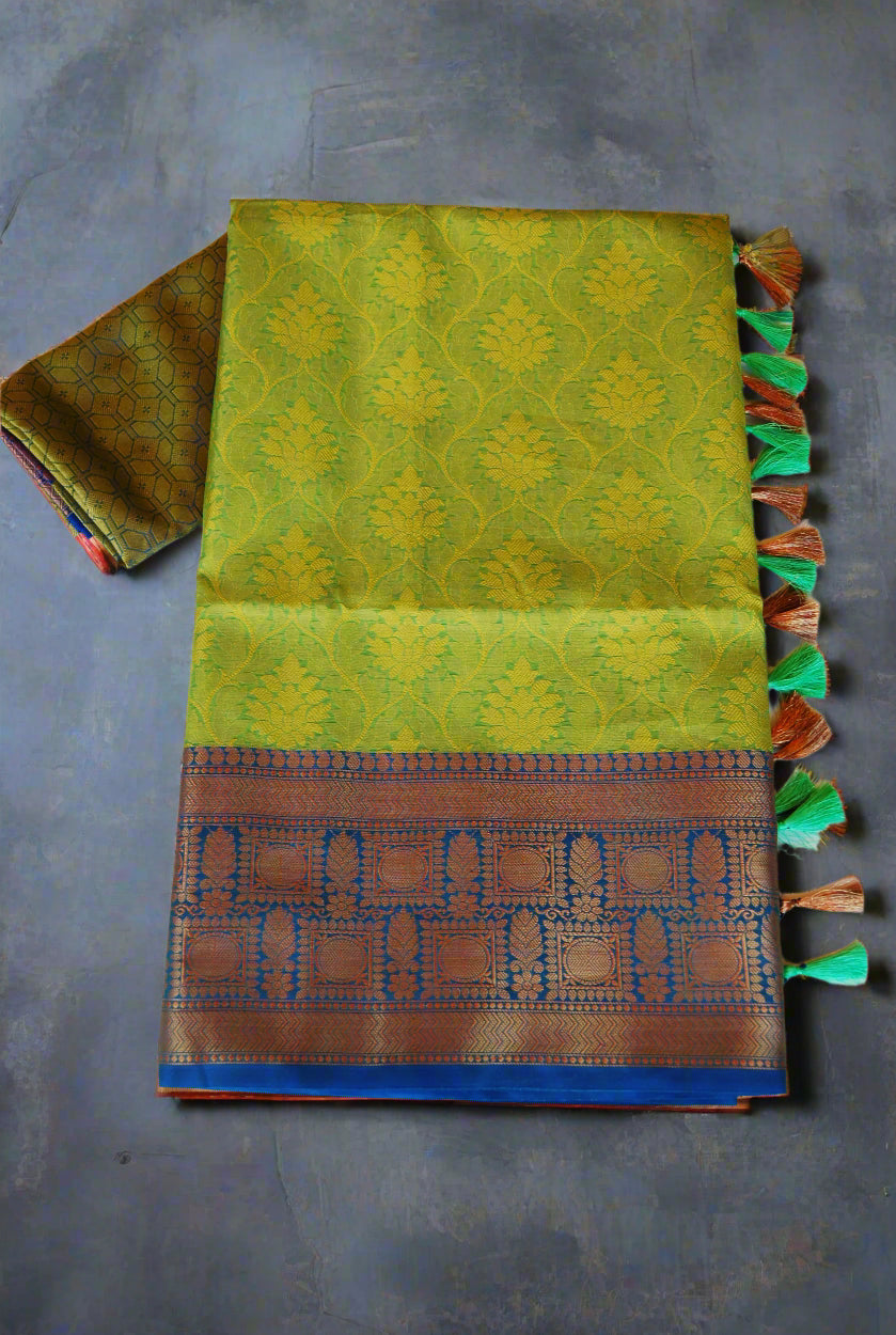 Citric Green Banarasi Semi Silk Saree With Blue Border - MIRASILKS Citric Green Banarasi Semi Silk Saree With Blue Border
