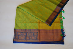 Citric Green Banarasi Semi Silk Saree With Blue Border - MIRASILKS Citric Green Banarasi Semi Silk Saree With Blue Border