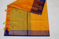 Mango Yellow Banarasi Semi Silk Saree with Blue Border - MIRASILKS Mango Yellow Banarasi Semi Silk Saree with Blue Border