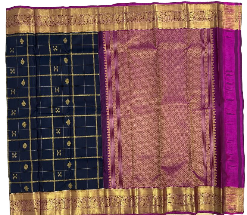 Dark Navy Kattam Kanjivaram Saree with Magenta Pallu