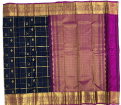 Dark Navy Kattam Kanjivaram Saree with Magenta Pallu