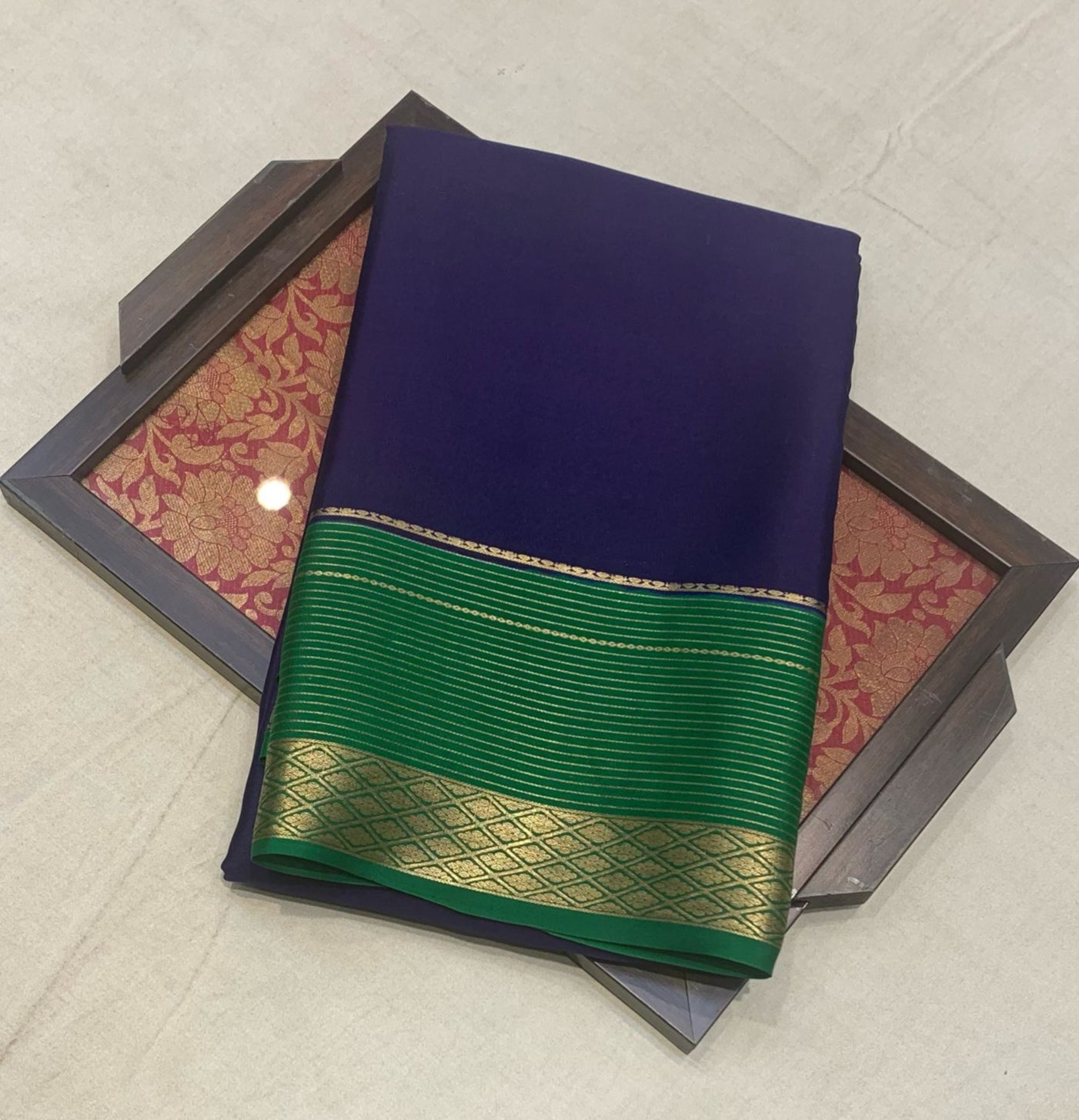 Dark Slate Blue Mysore Crepe Silk Saree With Green Pallu