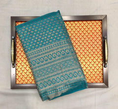 Deep Aqua Kanjivaram Silk Saree With Gold Zari Pallu - MIRASILKS Deep Aqua Kanjivaram Silk Saree With Gold Zari Pallu